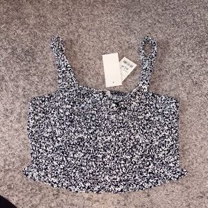 Floral Smocked Crop Tank Top - Navy/White
